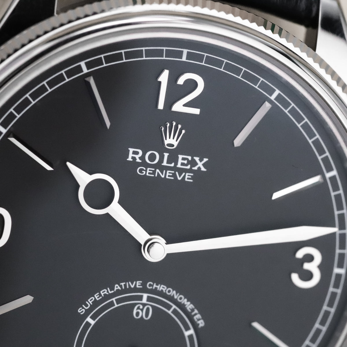 Rolex 1908 39mm 18k White Gold Black Dial Smooth Fluted Exhibition Leather 52509