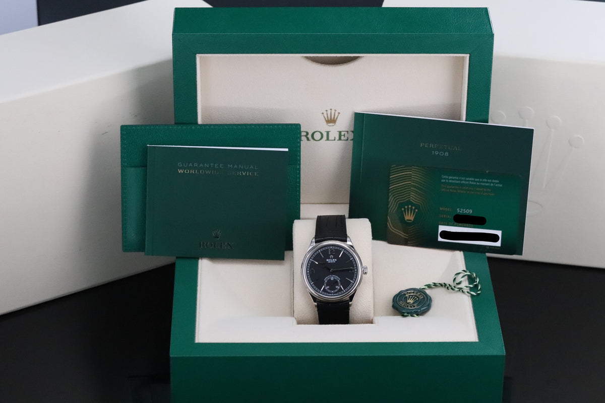 Rolex 1908 39mm 18k White Gold Black Dial Smooth Fluted Exhibition Leather 52509