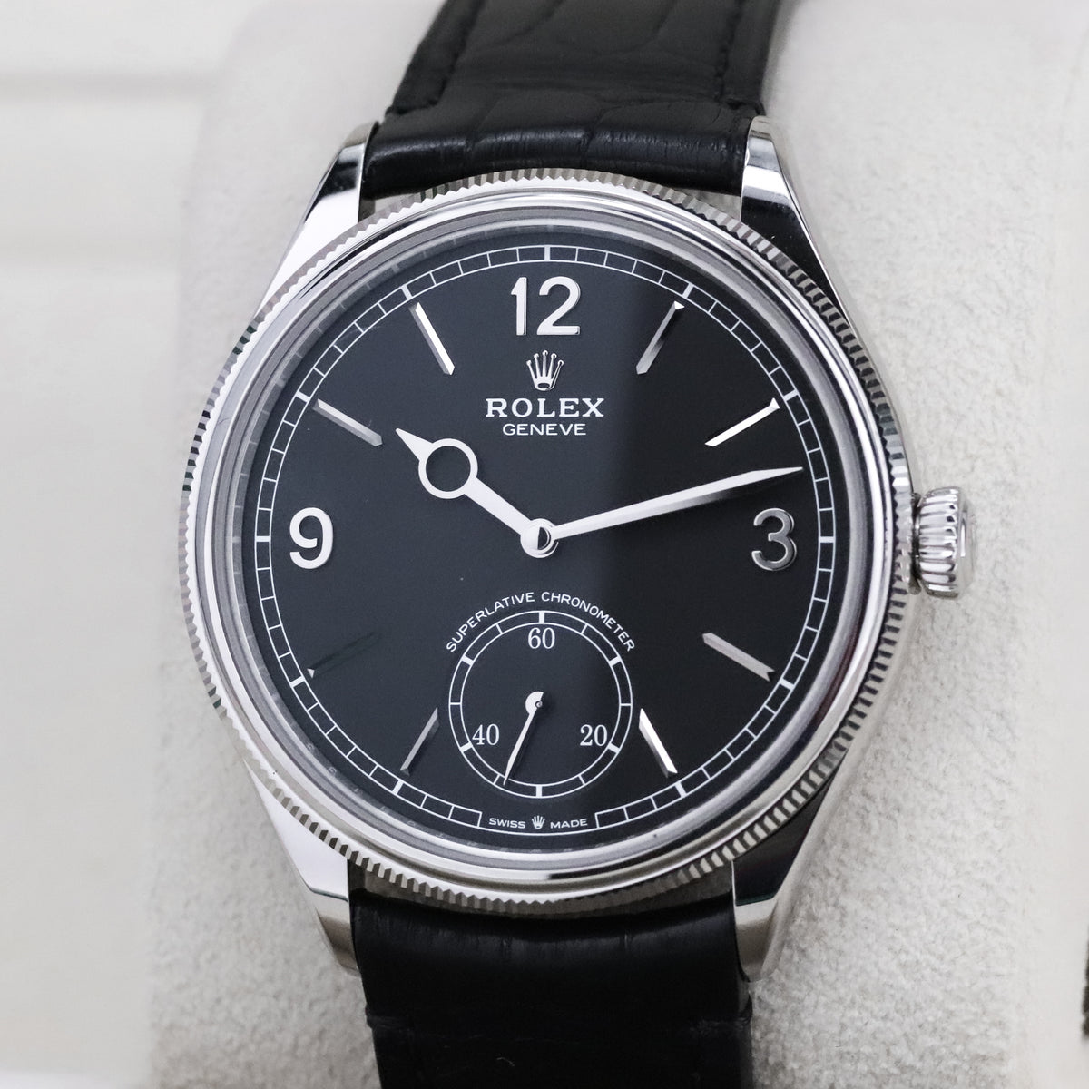 Rolex 1908 39mm 18k White Gold Black Dial Smooth Fluted Exhibition Leather 52509