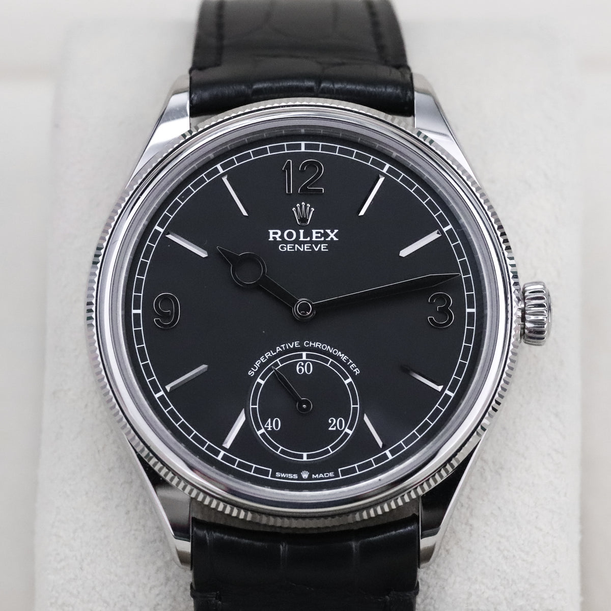 Rolex 1908 39mm 18k White Gold Black Dial Smooth Fluted Exhibition Leather 52509