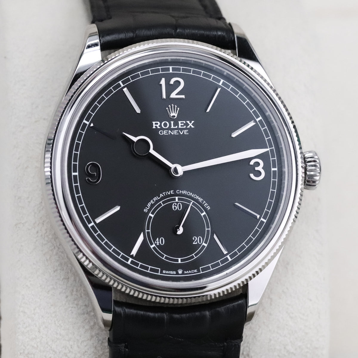 Rolex 1908 39mm 18k White Gold Black Dial Smooth Fluted Exhibition Leather 52509