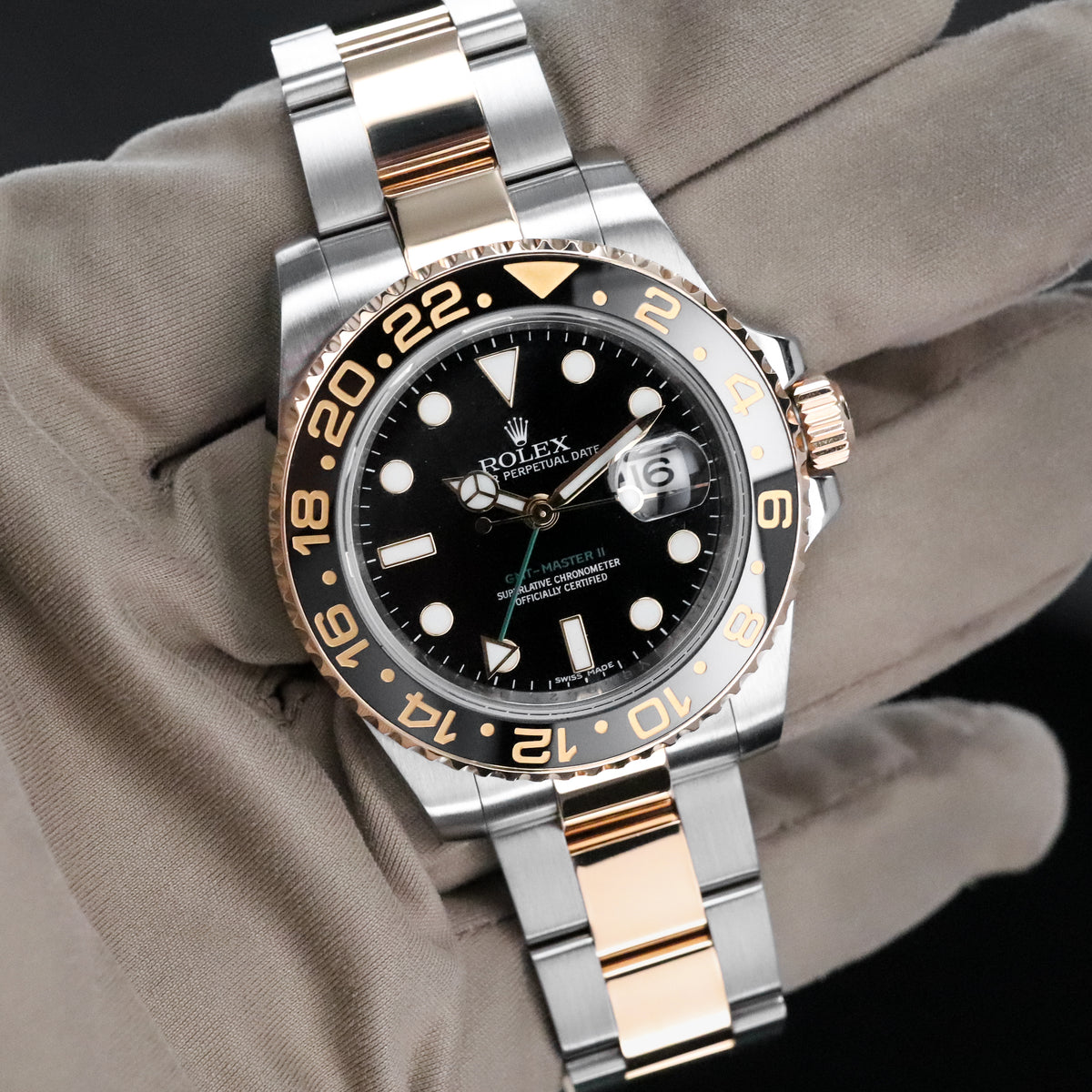 Rolex GMT-Master II 40mm Two Tone Yellow Gold Black Dial Green Arrow Oyster 116713LN - Discontinued Complete Set