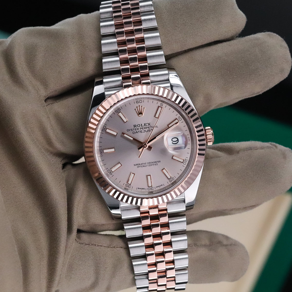 Rolex Datejust 41mm Sunburst Dial Rose Gold Fluted Bezel Jubilee Bracelet 126331