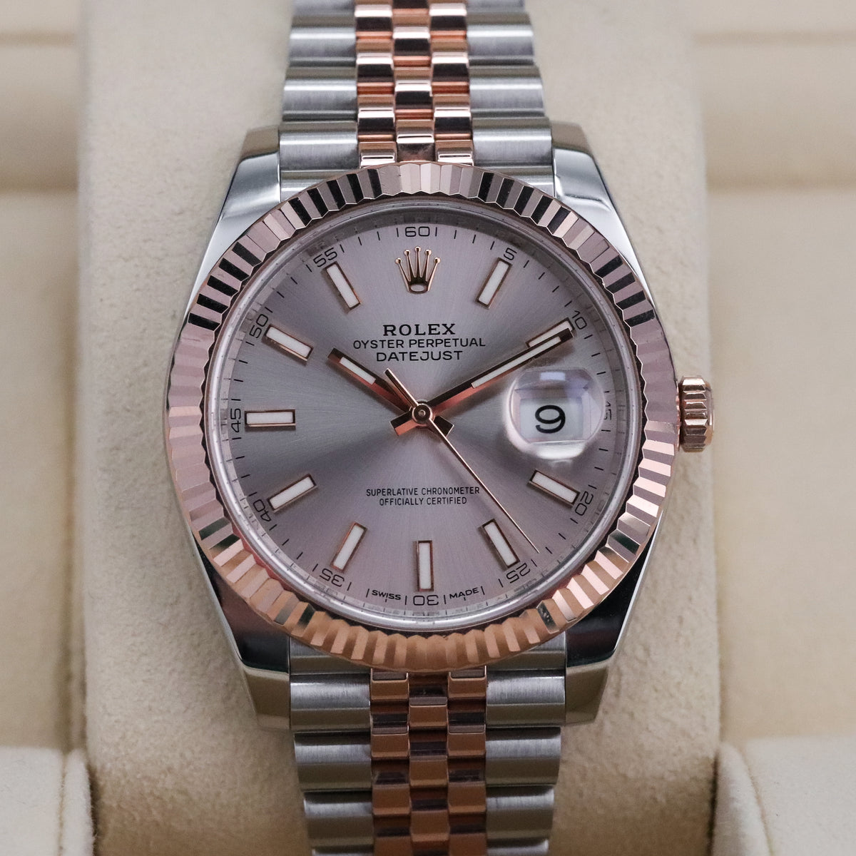 Rolex Datejust 41mm Sunburst Dial Rose Gold Fluted Bezel Jubilee Bracelet 126331