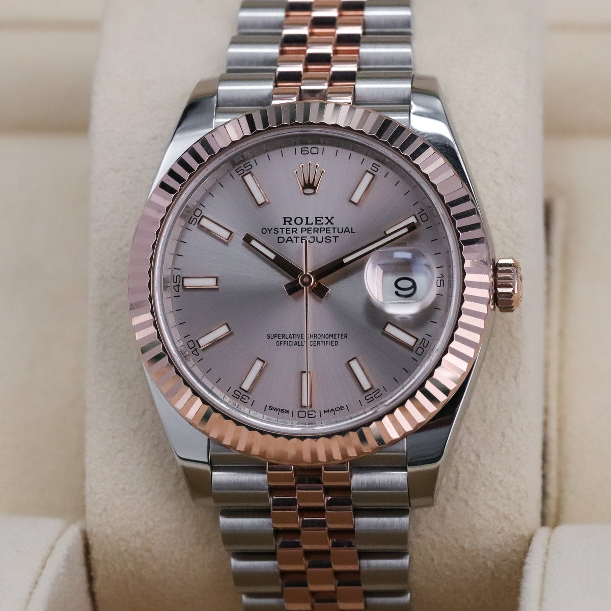 Rolex Datejust 41mm Sunburst Dial Rose Gold Fluted Bezel Jubilee Bracelet 126331