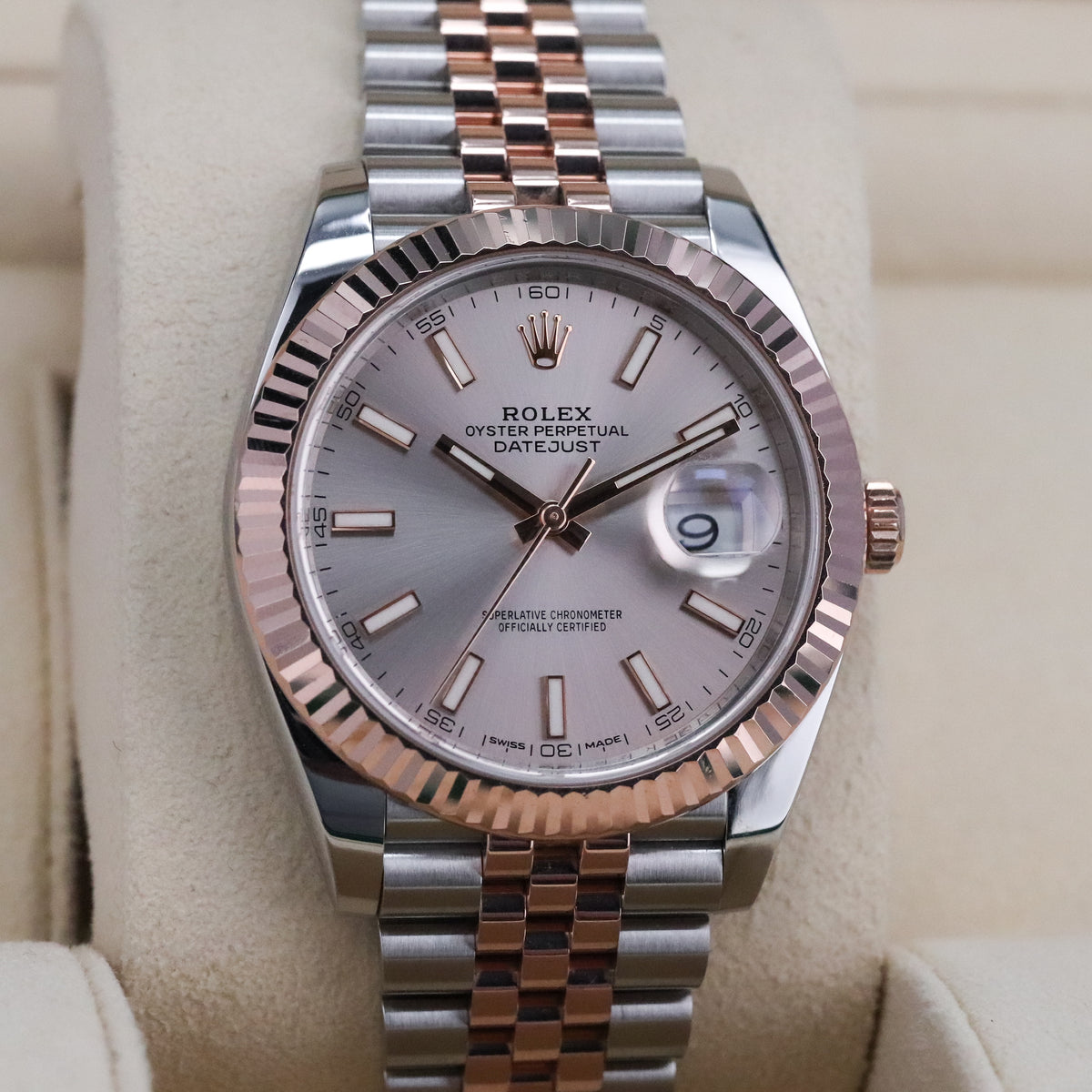 Rolex Datejust 41mm Sunburst Dial Rose Gold Fluted Bezel Jubilee Bracelet 126331
