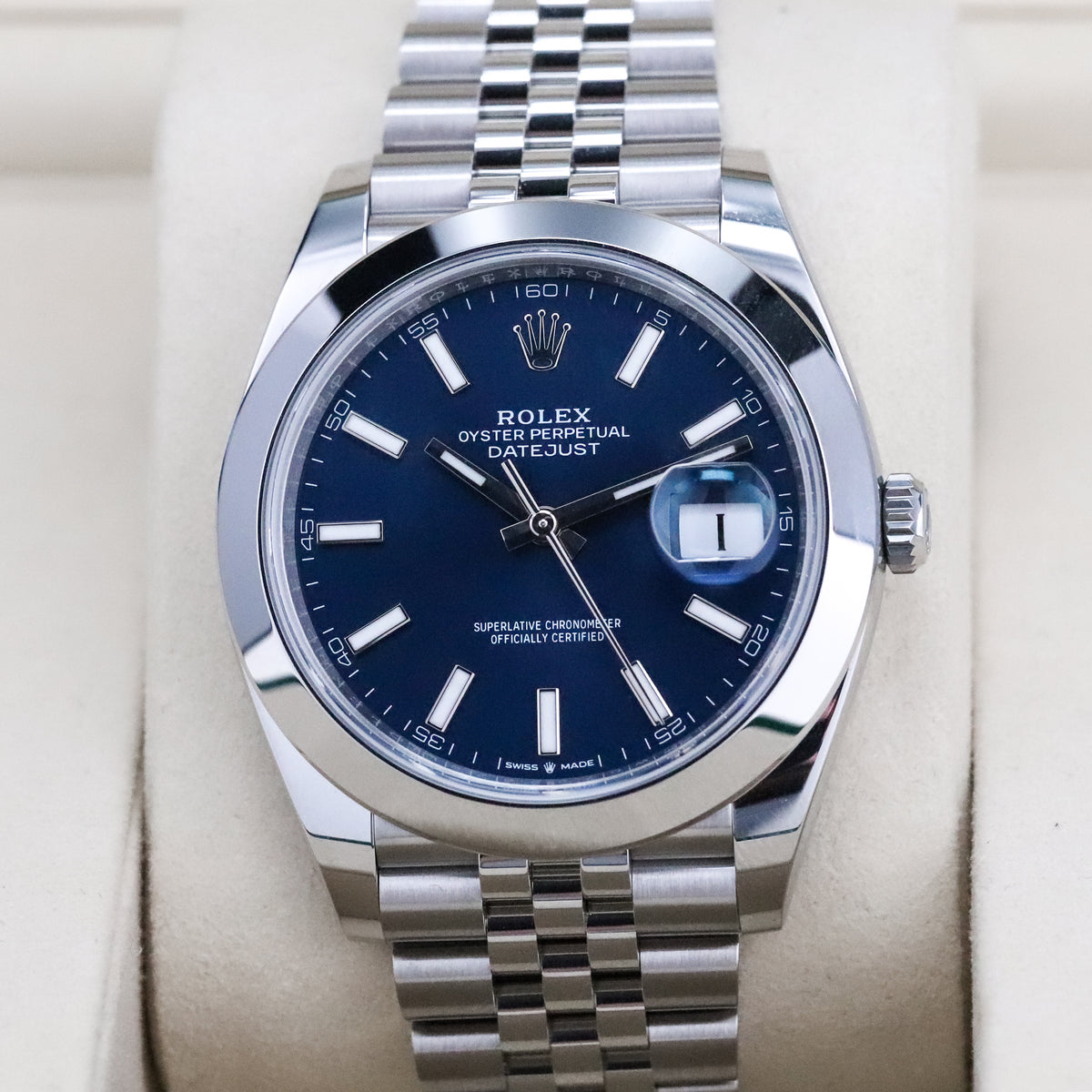 Rolex Datejust 41mm Blue Dial Stainless Steel Smooth Bezel Jubilee Bracelet 126300 Complete Set