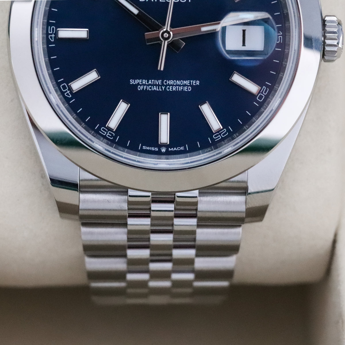 Rolex Datejust 41mm Blue Dial Stainless Steel Smooth Bezel Jubilee Bracelet 126300 Complete Set