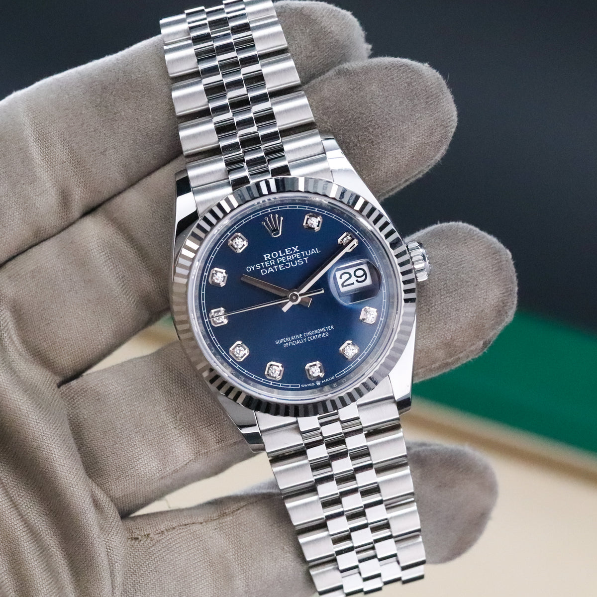 Rolex Datejust 36 36mm Blue Dial Steel Diamond Markers Fluted Bezel Jubilee 126234 Complete Set