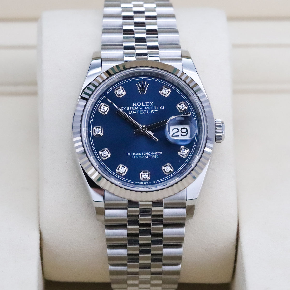 Rolex Datejust 36 36mm Blue Dial Steel Diamond Markers Fluted Bezel Jubilee 126234 Complete Set