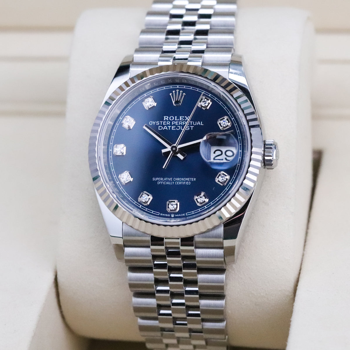 Rolex Datejust 36 36mm Blue Dial Steel Diamond Markers Fluted Bezel Jubilee 126234 Complete Set