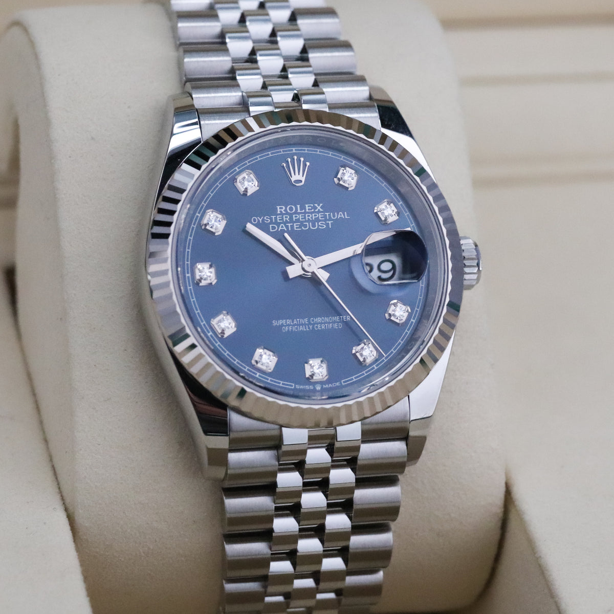 Rolex Datejust 36 36mm Blue Dial Steel Diamond Markers Fluted Bezel Jubilee 126234 Complete Set