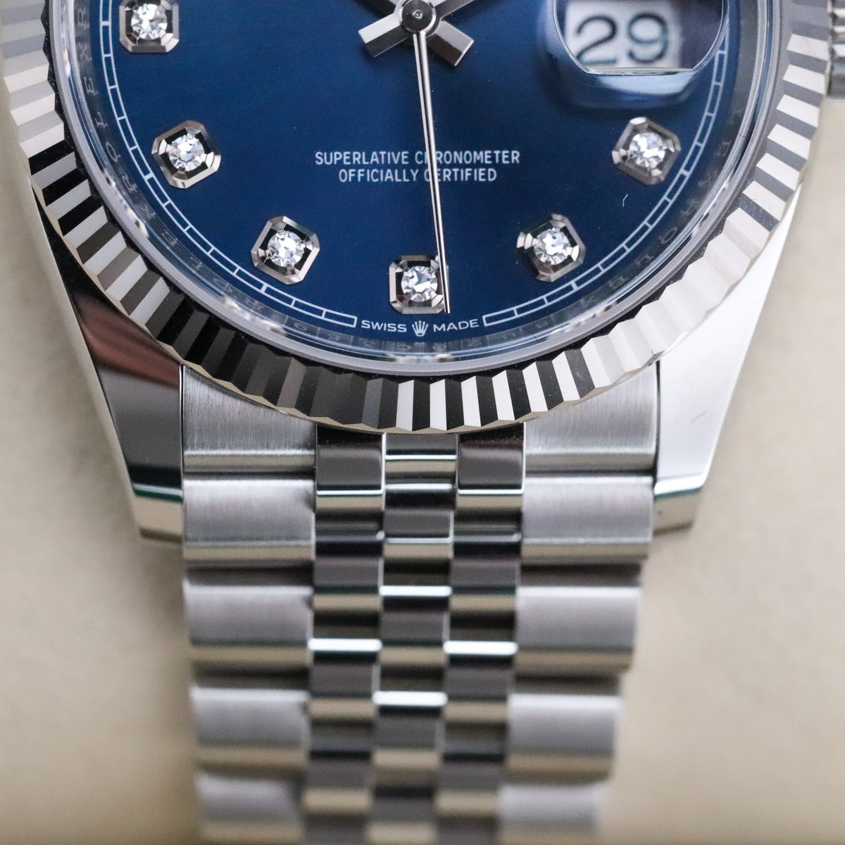 Rolex Datejust 36 36mm Blue Dial Steel Diamond Markers Fluted Bezel Jubilee 126234 Complete Set