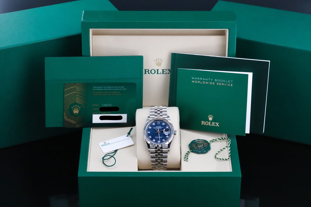 Rolex Datejust 36 36mm Blue Dial Steel Diamond Markers Fluted Bezel Jubilee 126234 Complete Set