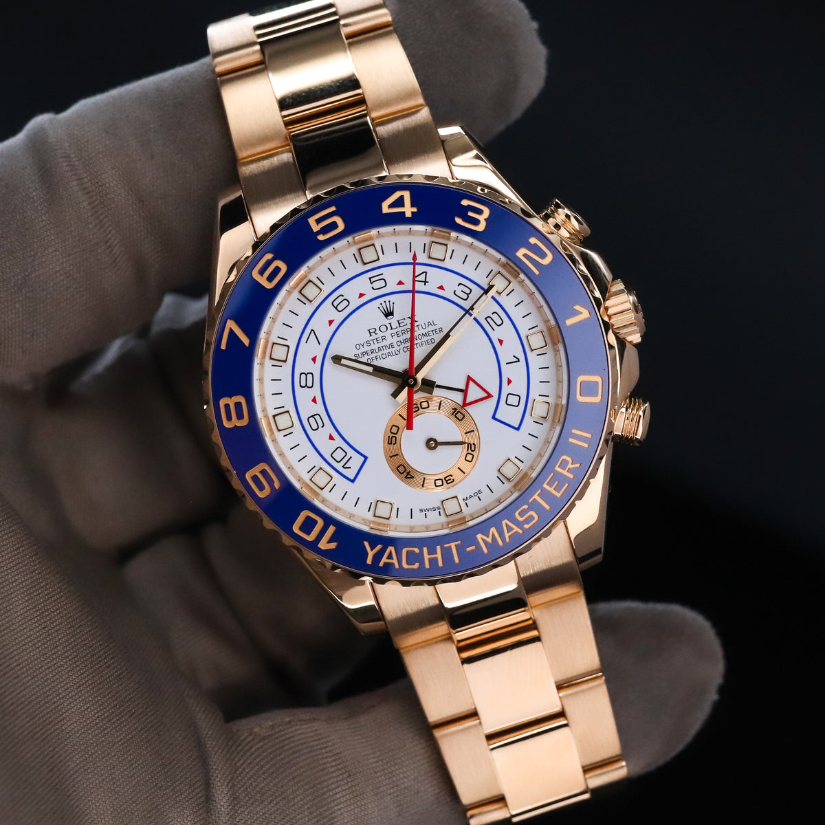 Rolex Yacht-Master II 44mm White Dial Blue Ceramic Bezel Yellow Gold Oyster 116688 Complete Set