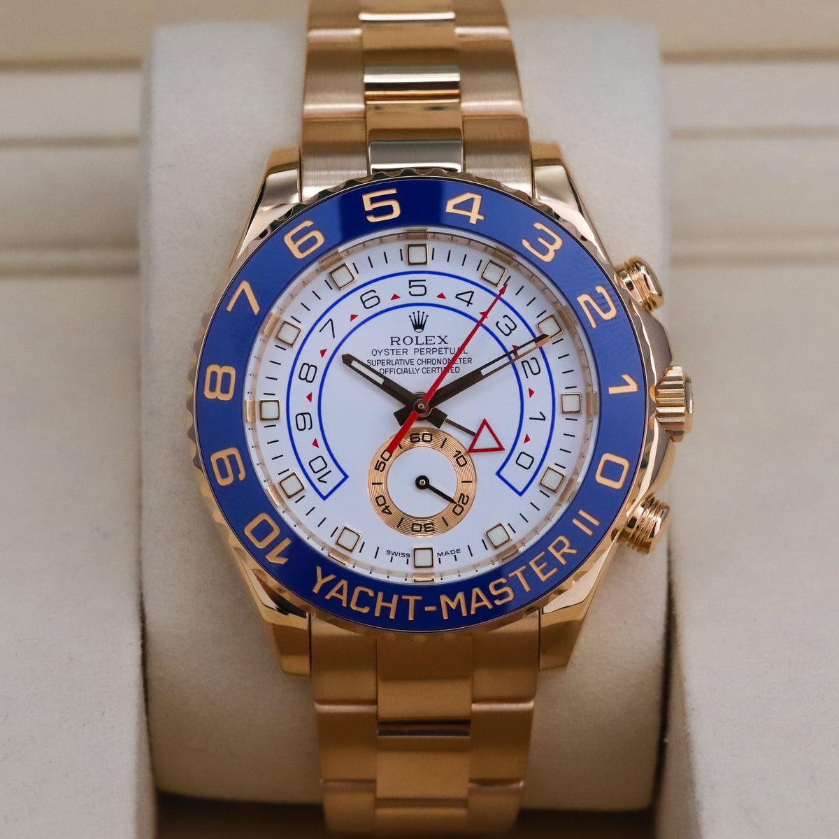 Rolex Yacht-Master II 44mm White Dial Blue Ceramic Bezel Yellow Gold Oyster 116688 Complete Set