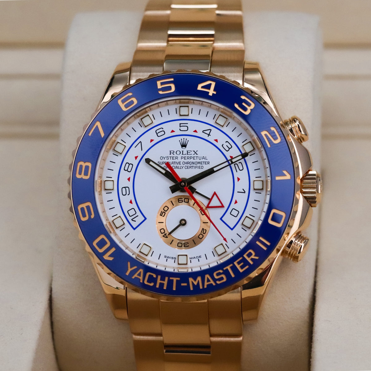 Rolex Yacht-Master II 44mm White Dial Blue Ceramic Bezel Yellow Gold Oyster 116688 Complete Set