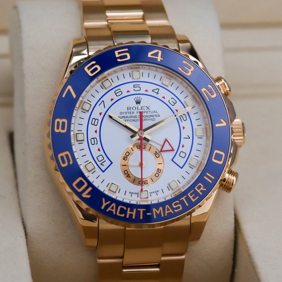 Rolex Yacht-Master II 44mm White Dial Blue Ceramic Bezel Yellow Gold Oyster 116688 Complete Set