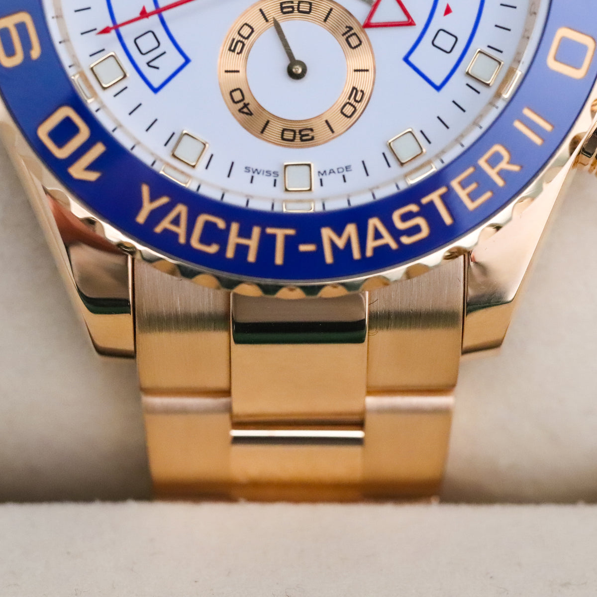 Rolex Yacht-Master II 44mm White Dial Blue Ceramic Bezel Yellow Gold Oyster 116688 Complete Set
