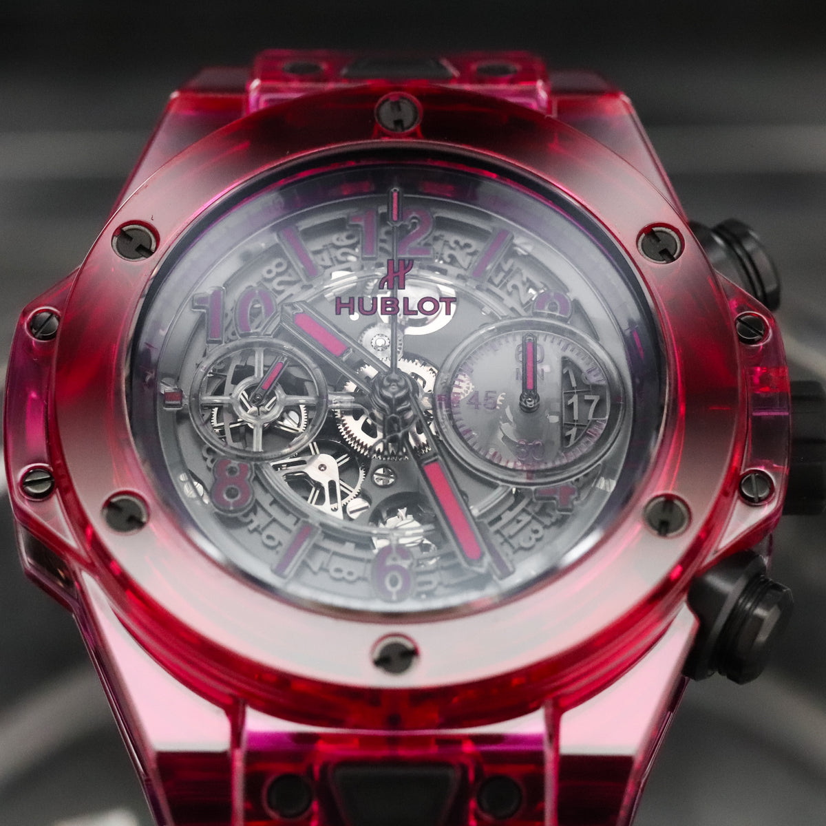 Hublot Big Bang Unico Red Sapphire 45mm Skeleton Dial Rubber Strap Limited 250pcs 411.JR.4901.RT Complete Set