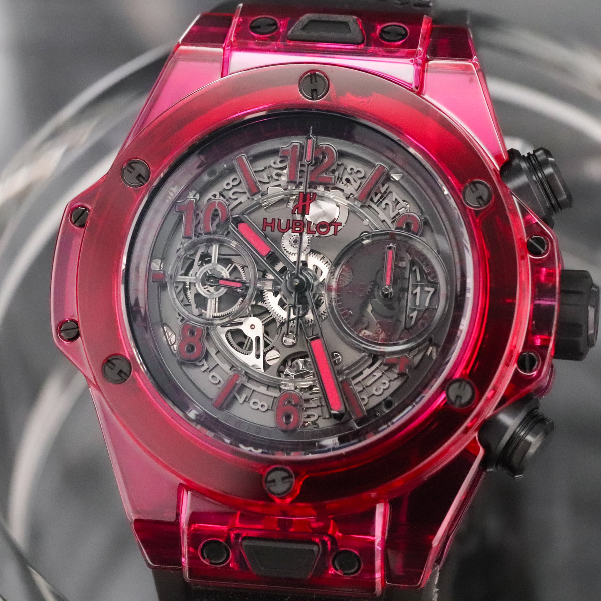 Hublot Big Bang Unico Red Sapphire 45mm Skeleton Dial Rubber Strap Limited 250pcs 411.JR.4901.RT Complete Set