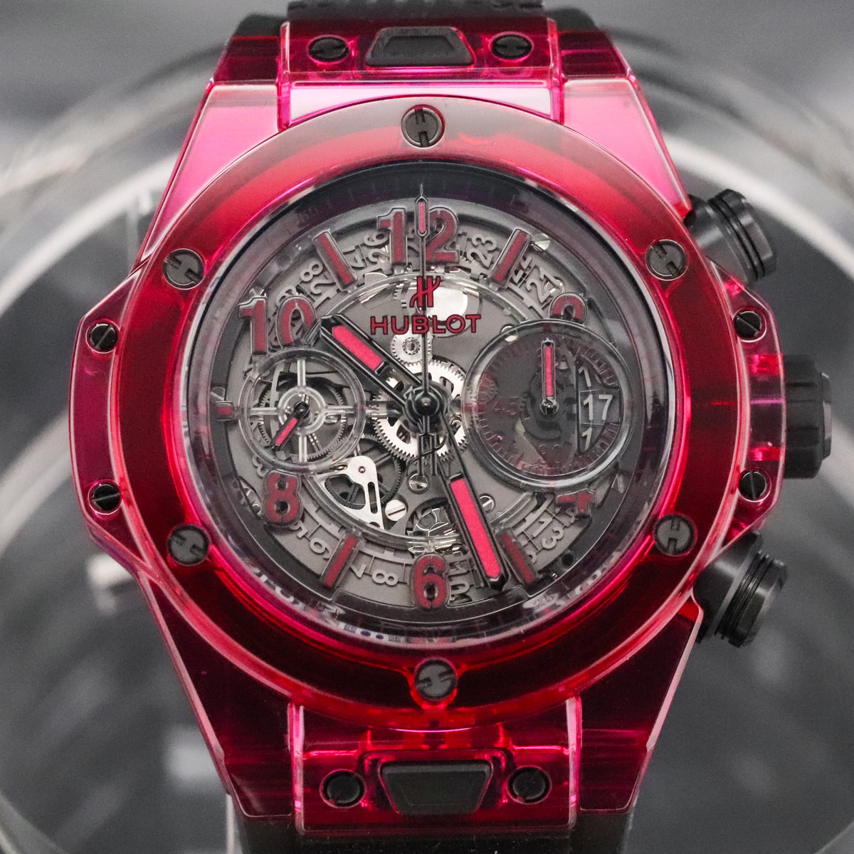 Hublot Big Bang Unico Red Sapphire 45mm Skeleton Dial Rubber Strap Limited 250pcs 411.JR.4901.RT Complete Set