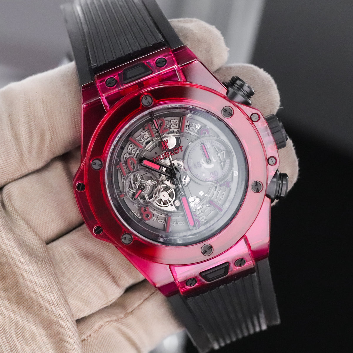 Hublot Big Bang Unico Red Sapphire 45mm Skeleton Dial Rubber Strap Limited 250pcs 411.JR.4901.RT Complete Set