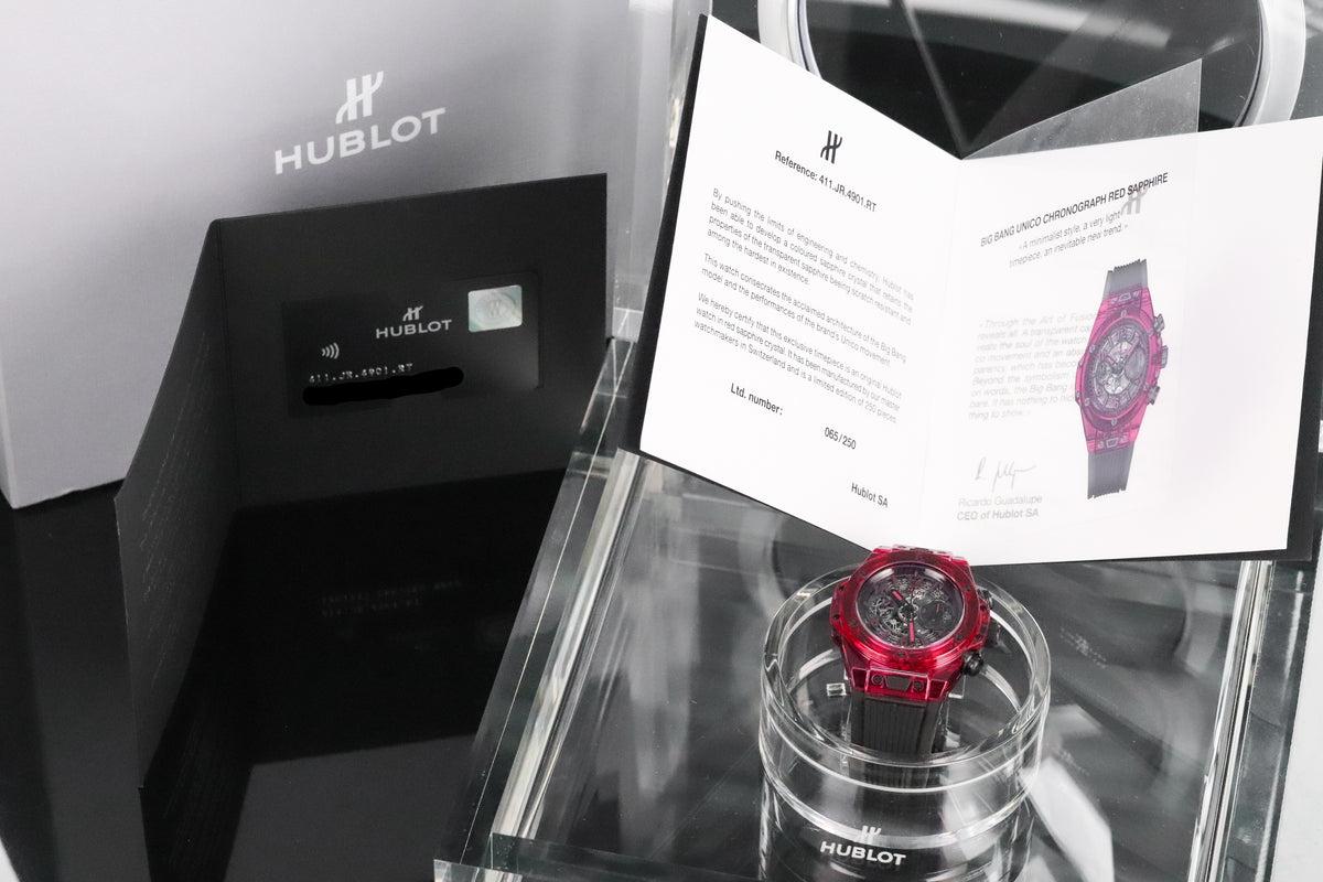 Hublot Big Bang Unico Red Sapphire 45mm Skeleton Dial Rubber Strap Limited 250pcs 411.JR.4901.RT Complete Set