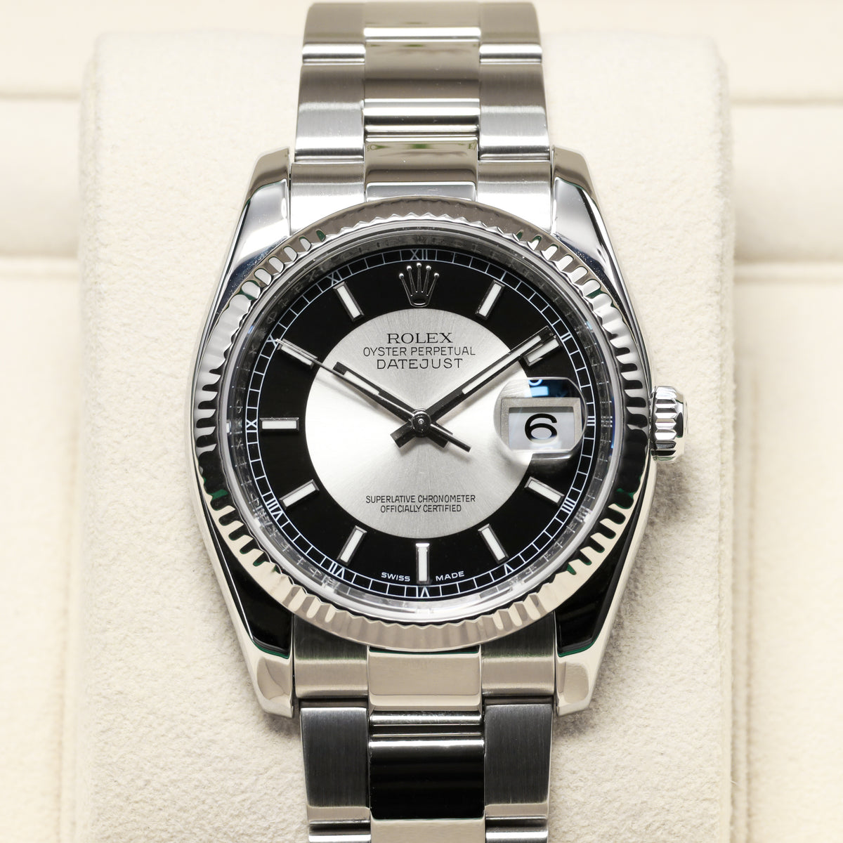 Rolex Datejust 2007 Complete 36mm Stainless Steel and 18k White Gold Tuxedo Dial / Black and Silver Dial 18k White Gold Fluted Bezel Stainless Steel Bracelet with Rolex Clasp 116234
