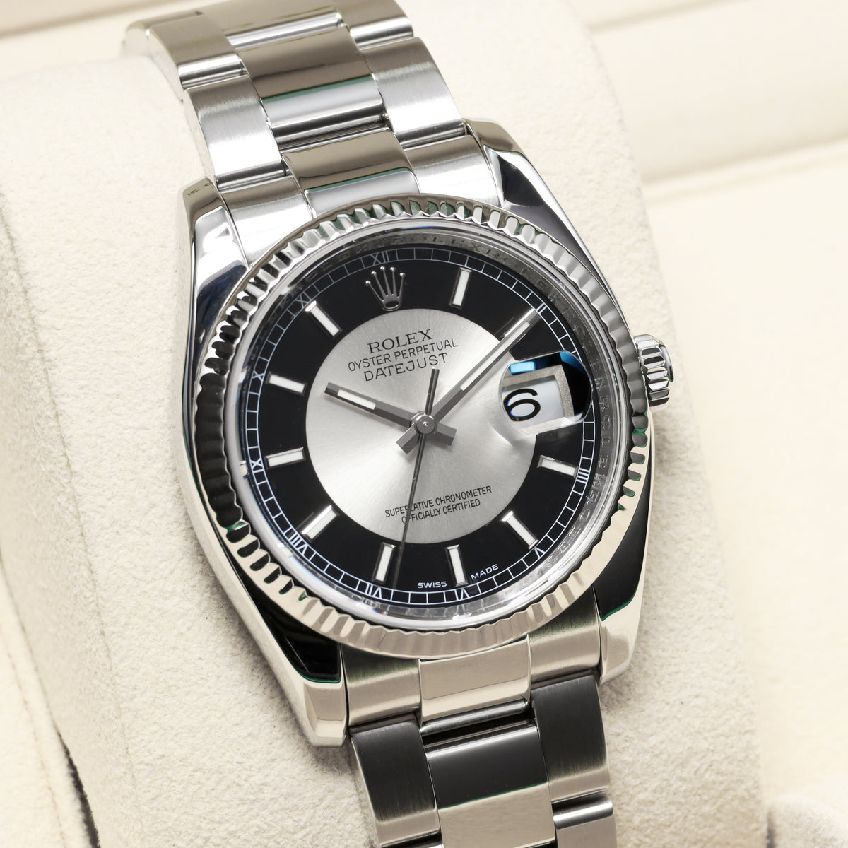 Rolex Datejust 2007 Complete 36mm Stainless Steel and 18k White Gold Tuxedo Dial / Black and Silver Dial 18k White Gold Fluted Bezel Stainless Steel Bracelet with Rolex Clasp 116234