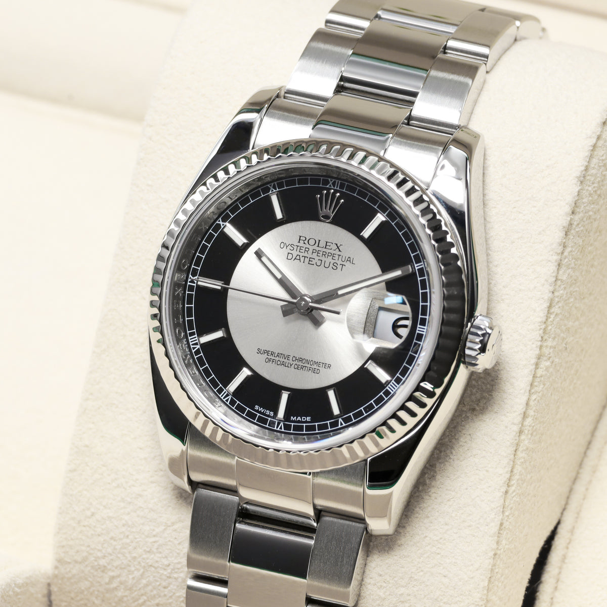 Rolex Datejust 2007 Complete 36mm Stainless Steel and 18k White Gold Tuxedo Dial / Black and Silver Dial 18k White Gold Fluted Bezel Stainless Steel Bracelet with Rolex Clasp 116234
