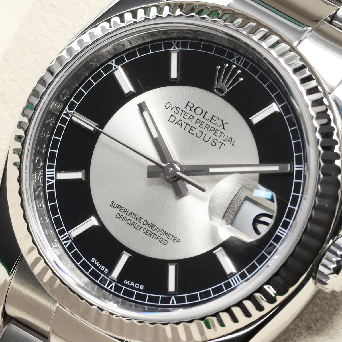 Rolex Datejust 2007 Complete 36mm Stainless Steel and 18k White Gold Tuxedo Dial / Black and Silver Dial 18k White Gold Fluted Bezel Stainless Steel Bracelet with Rolex Clasp 116234