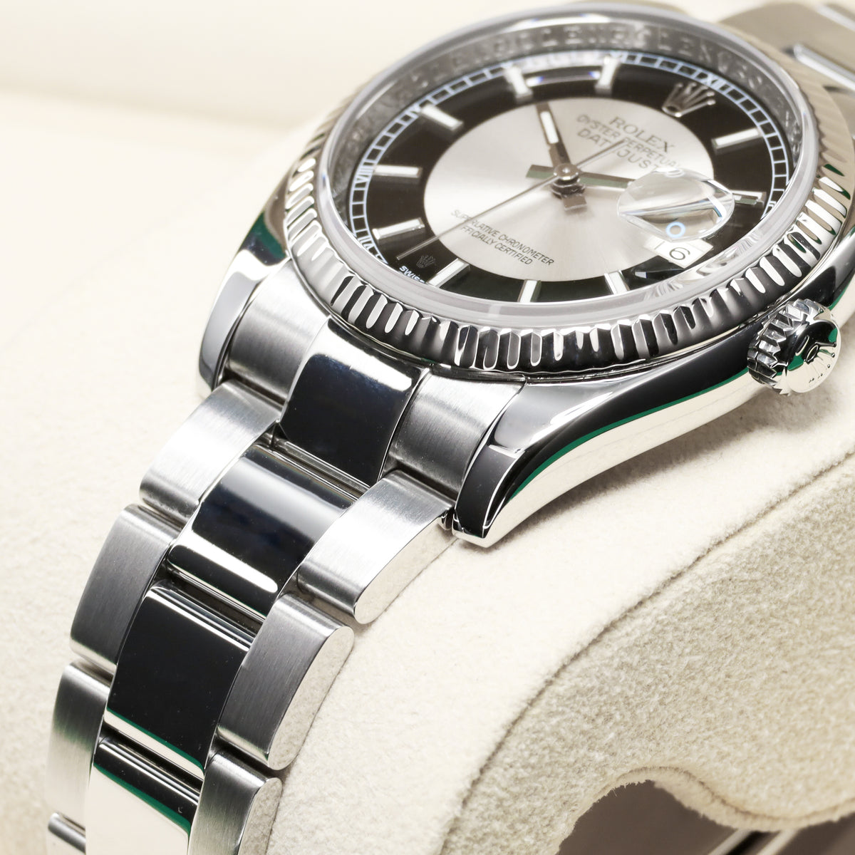 Rolex Datejust 2007 Complete 36mm Stainless Steel and 18k White Gold Tuxedo Dial / Black and Silver Dial 18k White Gold Fluted Bezel Stainless Steel Bracelet with Rolex Clasp 116234
