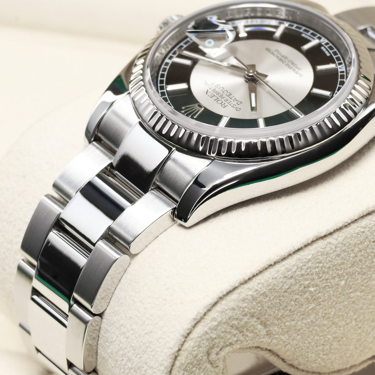 Rolex Datejust 2007 Complete 36mm Stainless Steel and 18k White Gold Tuxedo Dial / Black and Silver Dial 18k White Gold Fluted Bezel Stainless Steel Bracelet with Rolex Clasp 116234