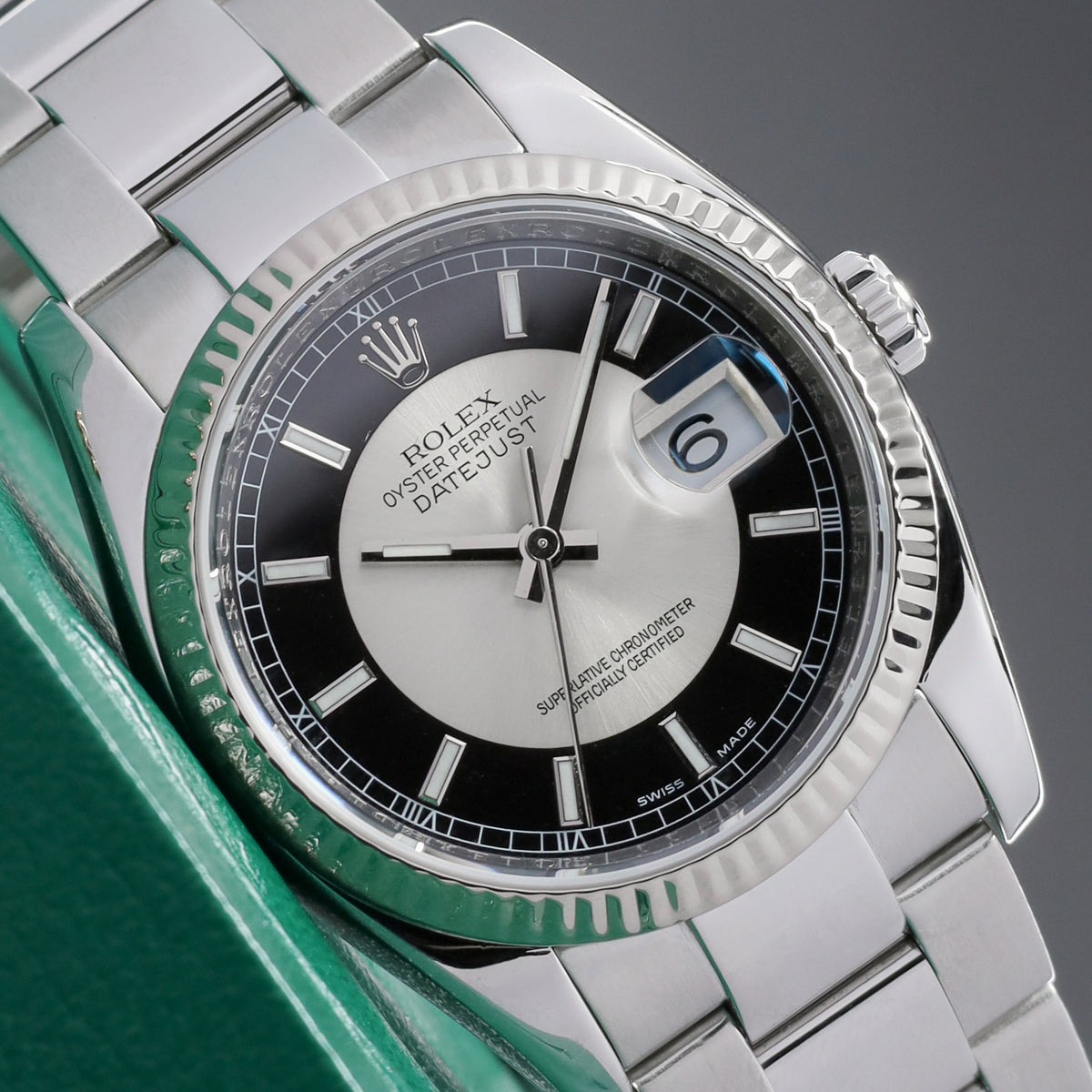 Rolex Datejust 2007 Complete 36mm Stainless Steel and 18k White Gold Tuxedo Dial / Black and Silver Dial 18k White Gold Fluted Bezel Stainless Steel Bracelet with Rolex Clasp 116234
