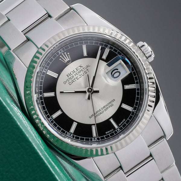 Rolex Datejust 2007 Complete 36mm Stainless Steel and 18k White Gold Tuxedo Dial / Black and Silver Dial 18k White Gold Fluted Bezel Stainless Steel Bracelet with Rolex Clasp 116234