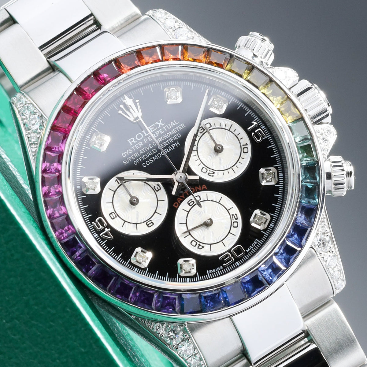 Rolex Daytona 40mm Oystersteel Black Chronograph Dial Custom Rainbow Multi-Color Sapphire Gem-Set Bezel Oyster Bracelet 116520