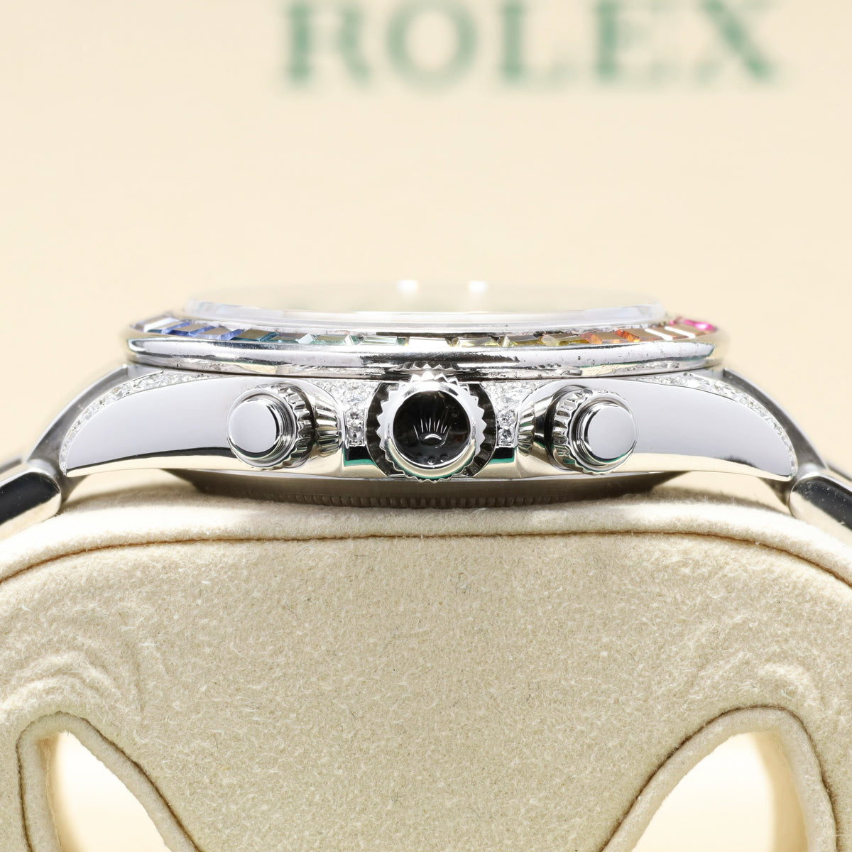 Rolex Daytona 40mm Oystersteel Black Chronograph Dial Custom Rainbow Multi-Color Sapphire Gem-Set Bezel Oyster Bracelet 116520