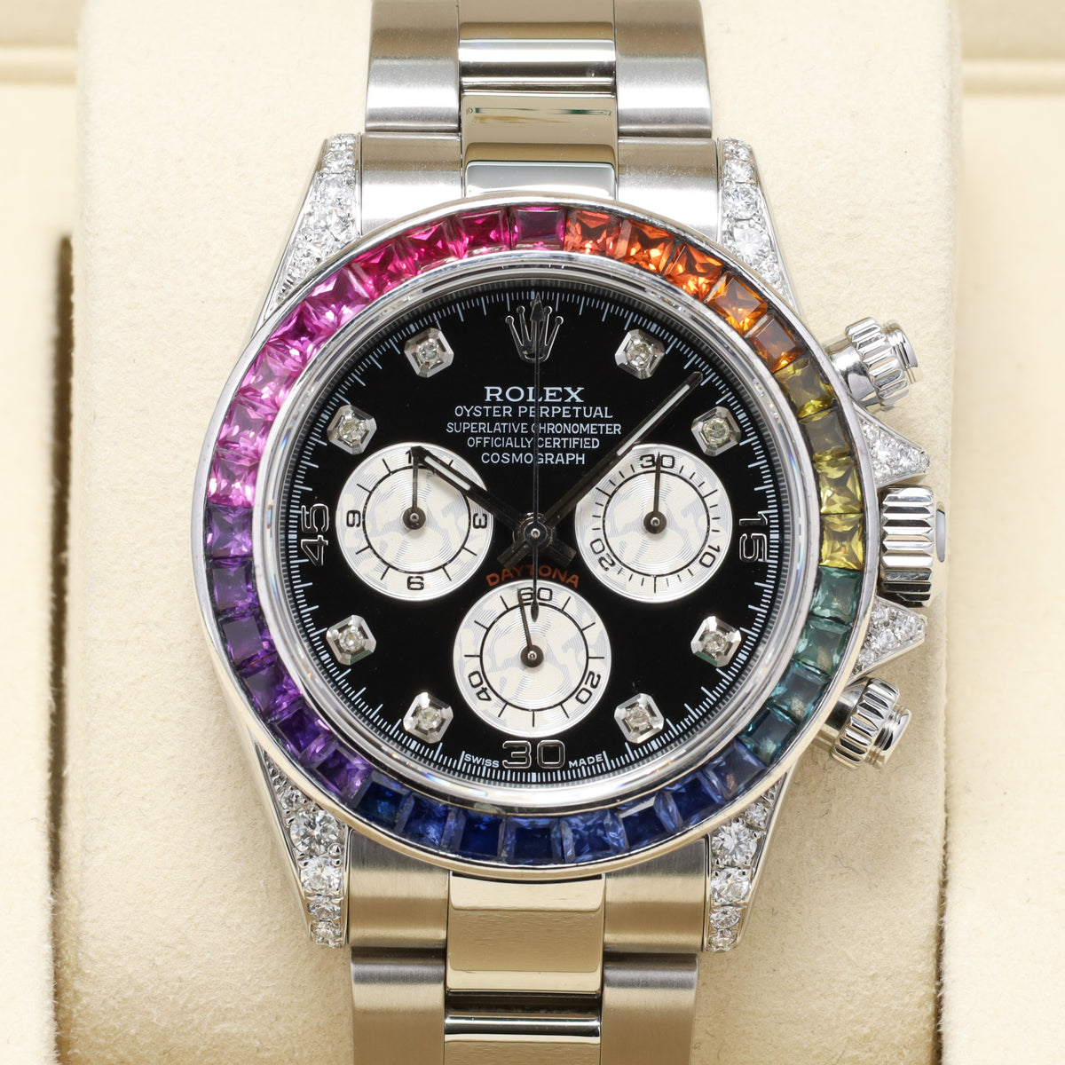 Rolex Daytona 40mm Oystersteel Black Chronograph Dial Custom Rainbow Multi-Color Sapphire Gem-Set Bezel Oyster Bracelet 116520