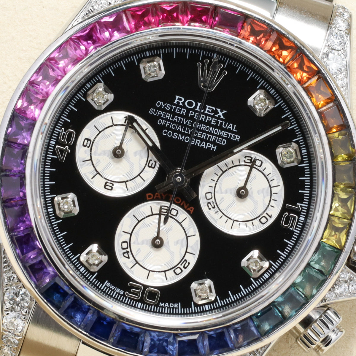 Rolex Daytona 40mm Oystersteel Black Chronograph Dial Custom Rainbow Multi-Color Sapphire Gem-Set Bezel Oyster Bracelet 116520
