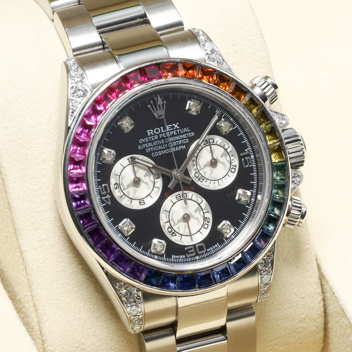 Rolex Daytona 40mm Oystersteel Black Chronograph Dial Custom Rainbow Multi-Color Sapphire Gem-Set Bezel Oyster Bracelet 116520