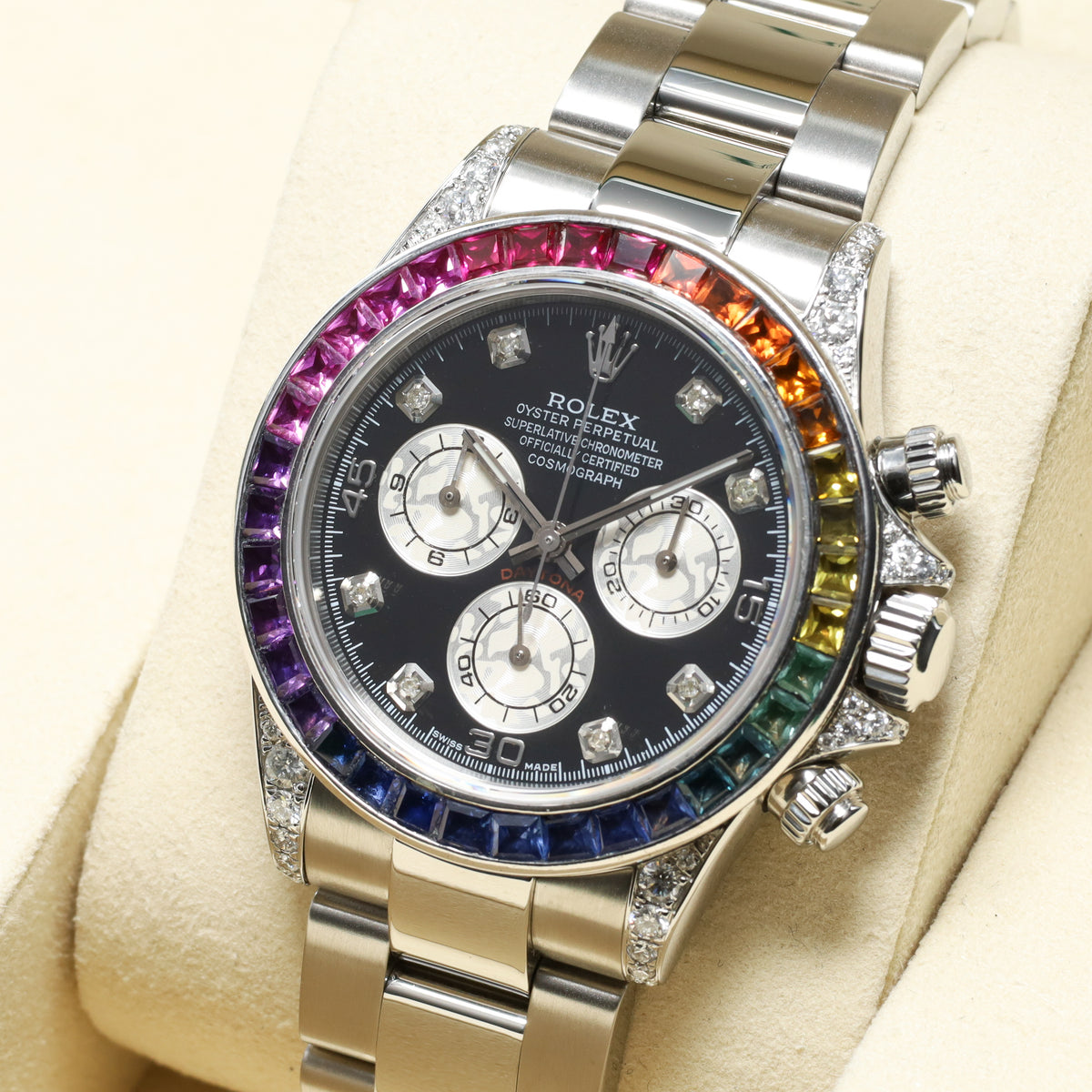Rolex Daytona 40mm Oystersteel Black Chronograph Dial Custom Rainbow Multi-Color Sapphire Gem-Set Bezel Oyster Bracelet 116520