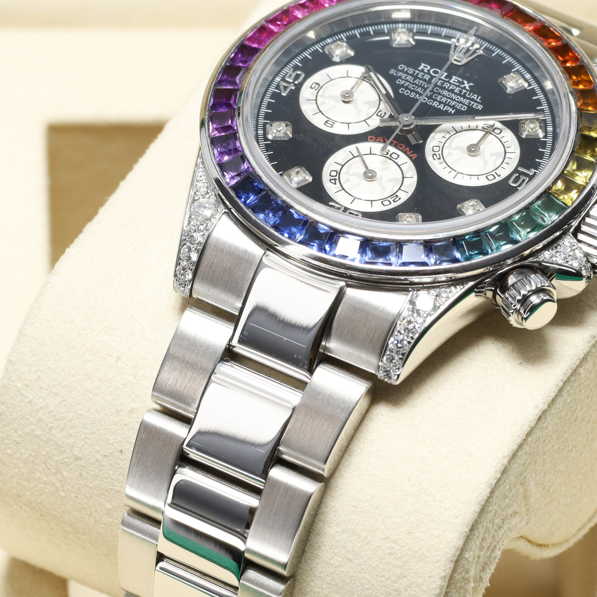 Rolex Daytona 40mm Oystersteel Black Chronograph Dial Custom Rainbow Multi-Color Sapphire Gem-Set Bezel Oyster Bracelet 116520