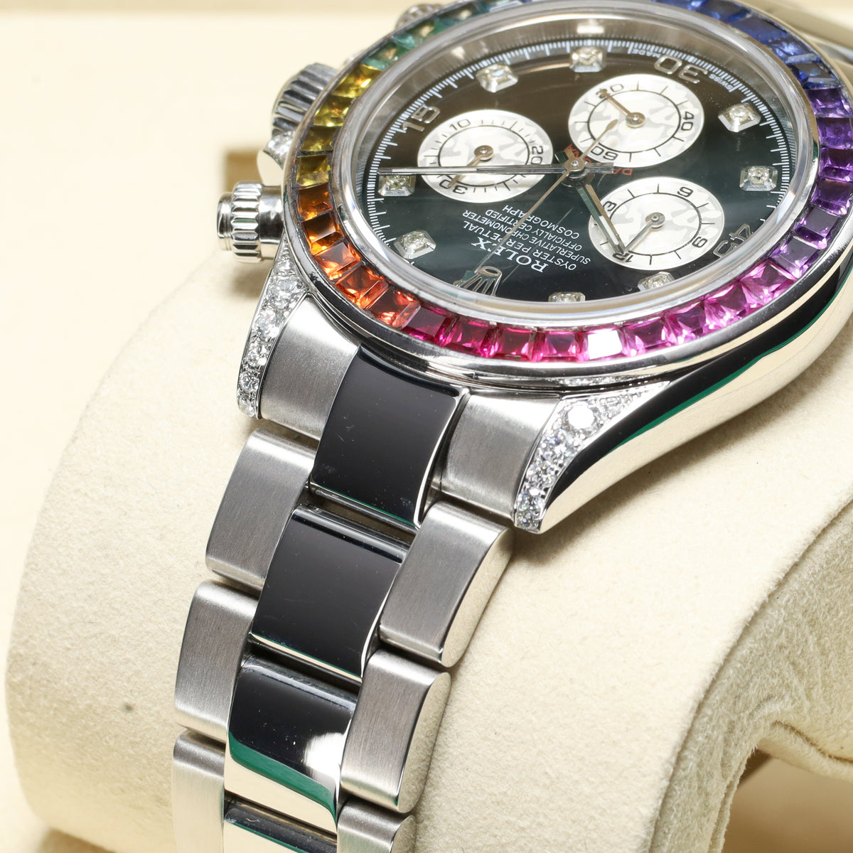 Rolex Daytona 40mm Oystersteel Black Chronograph Dial Custom Rainbow Multi-Color Sapphire Gem-Set Bezel Oyster Bracelet 116520