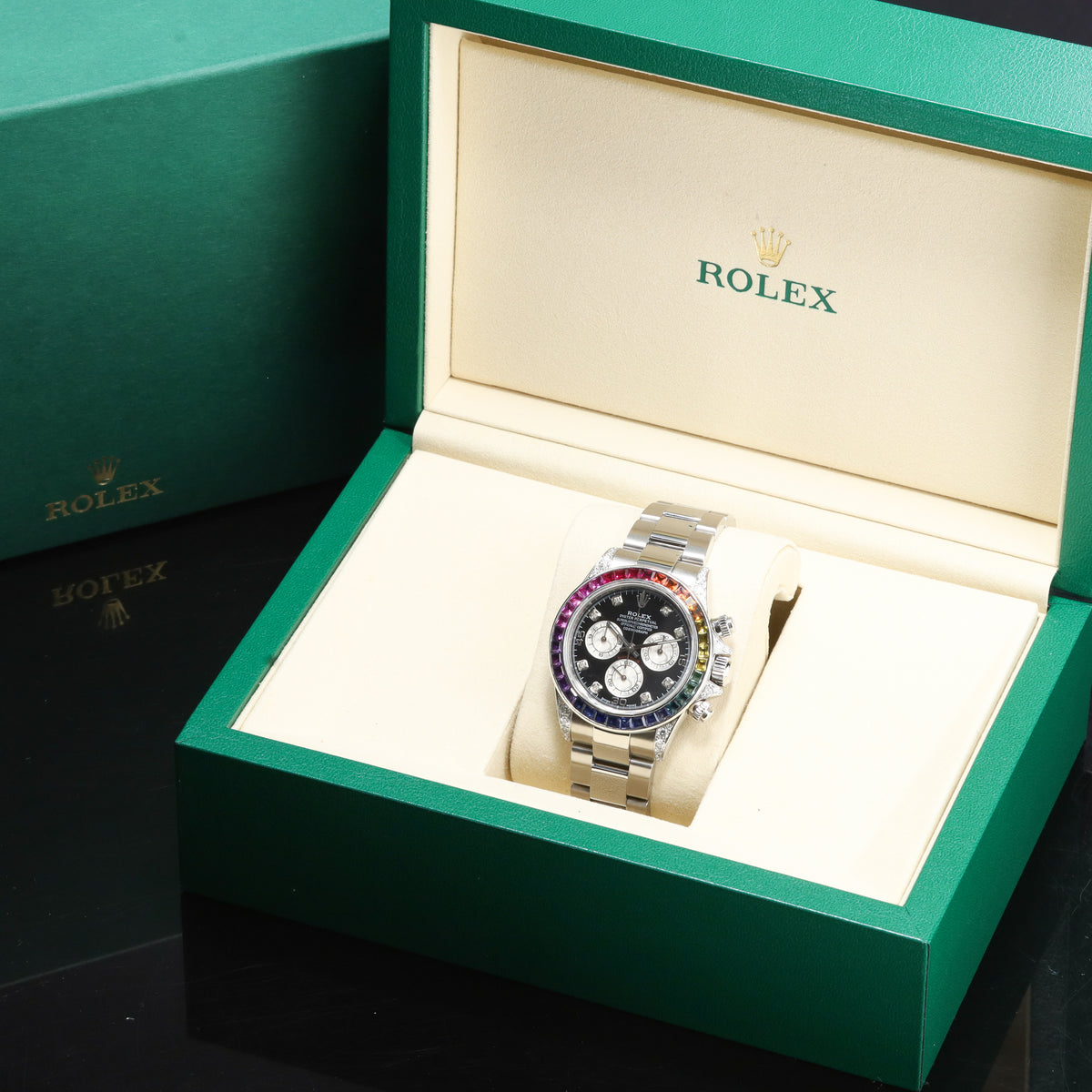 Rolex Daytona 40mm Oystersteel Black Chronograph Dial Custom Rainbow Multi-Color Sapphire Gem-Set Bezel Oyster Bracelet 116520