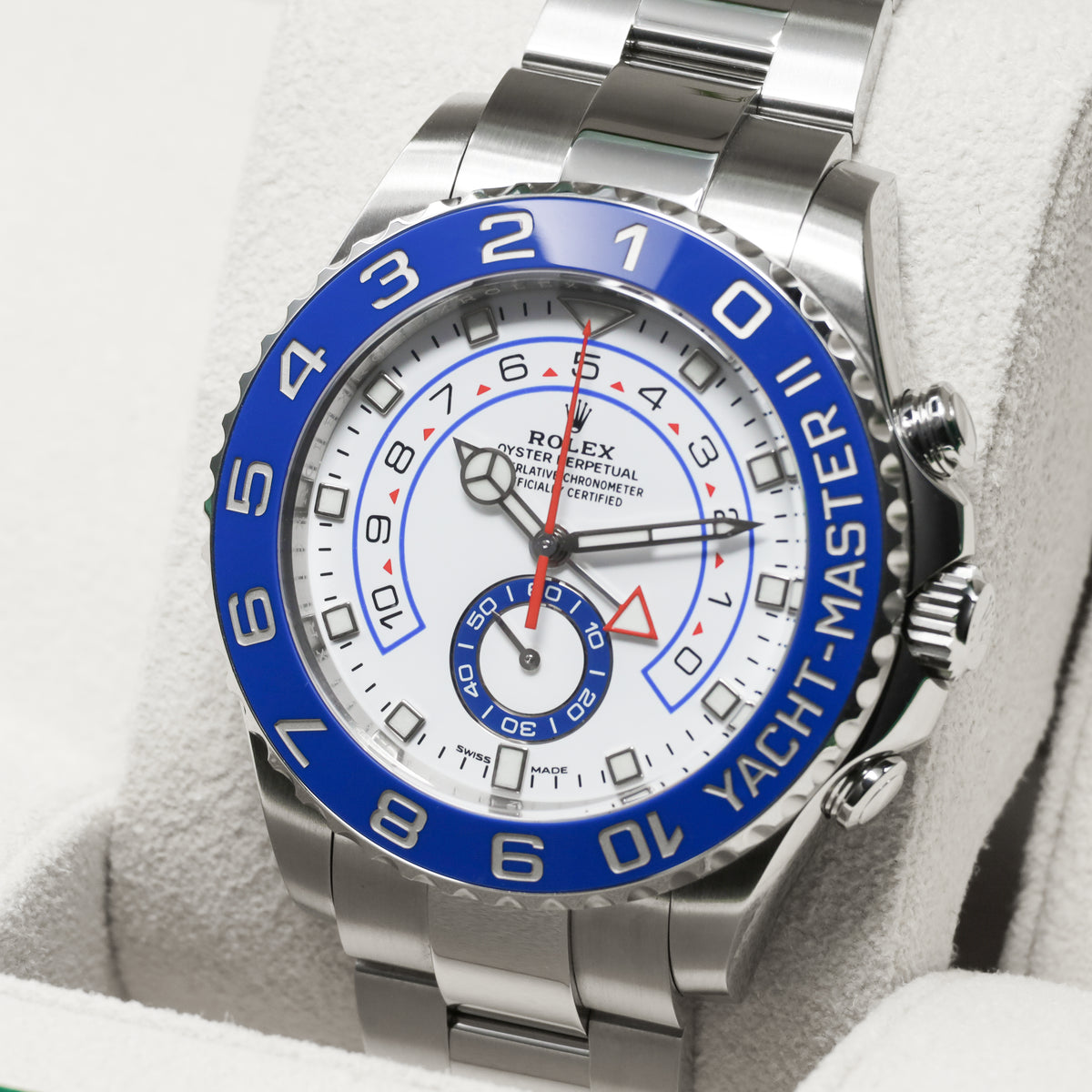 Rolex Yacht Master II 2018 Complete Oystersteel White Dial Blue Cerachrom Ring Command Bezel Oyster Bracelet with Oysterlock Clasp and Easylink Extension 116680