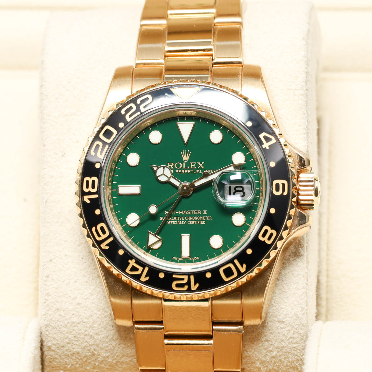 Rolex GMT Master II 2008 Complete 40mm 18k Yellow Gold Green Dial Black Cerachrom Ceramic Bezel 18k Yellow Gold Oyster Bracelet 116718LN