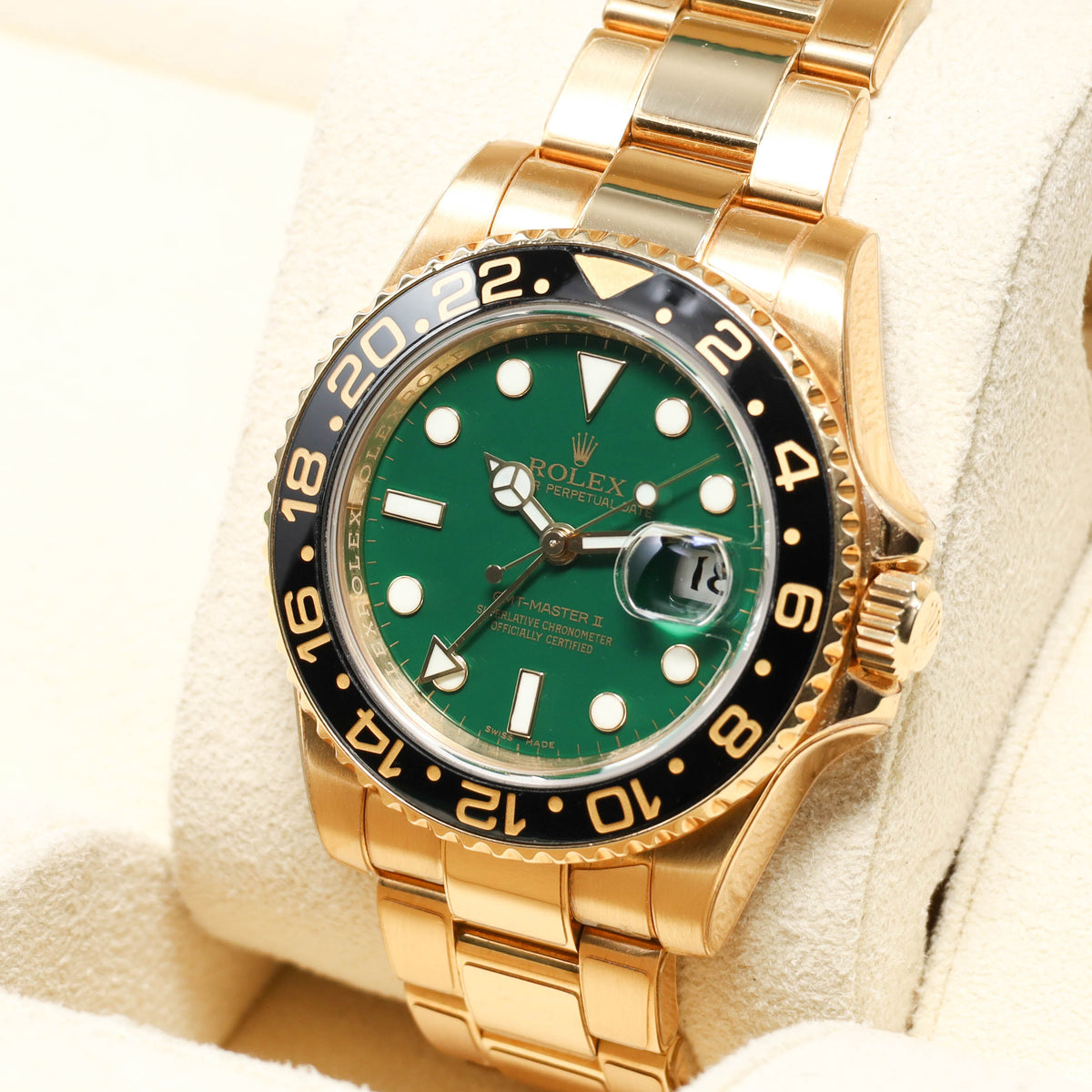 Rolex GMT Master II 2008 Complete 40mm 18k Yellow Gold Green Dial Black Cerachrom Ceramic Bezel 18k Yellow Gold Oyster Bracelet 116718LN
