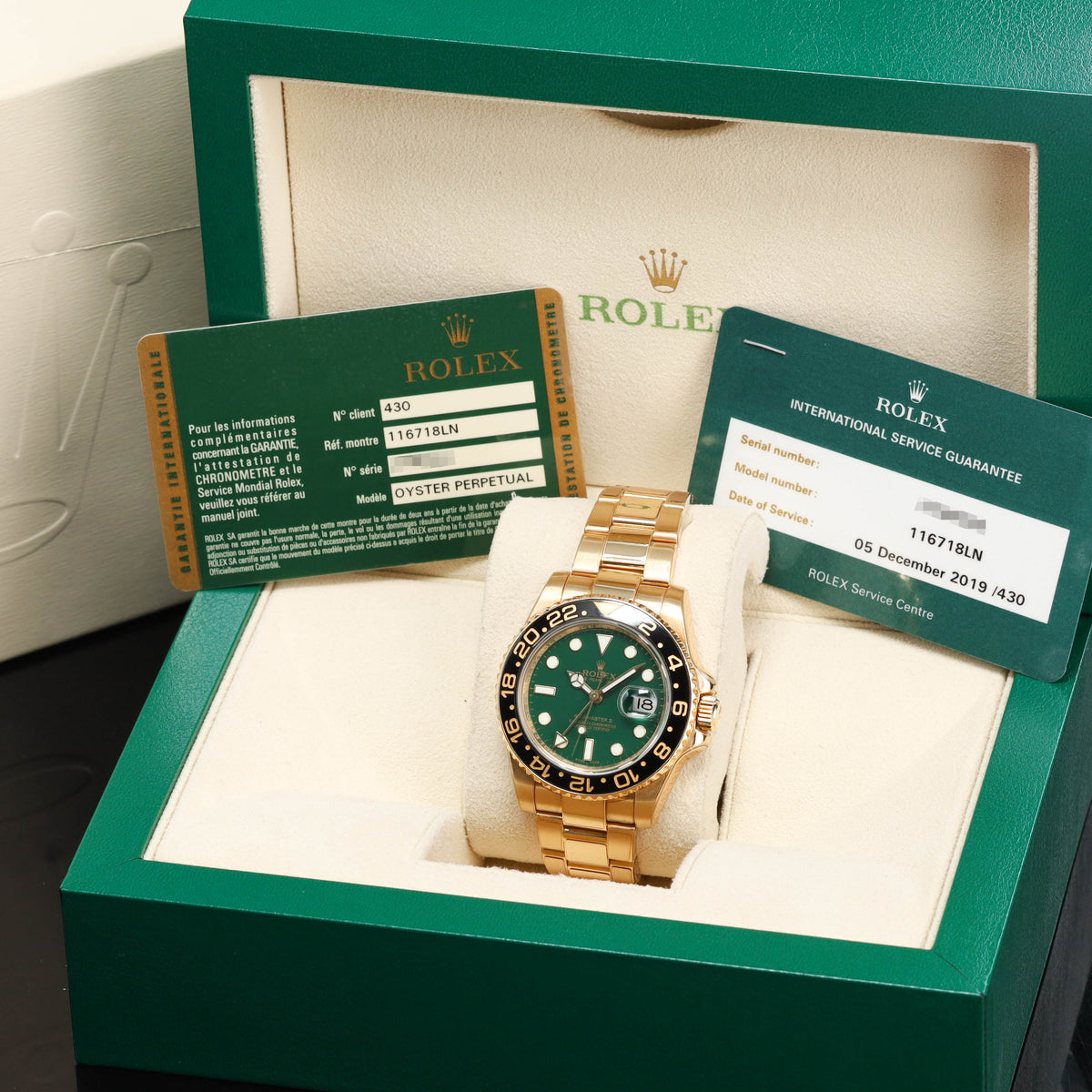 Rolex GMT Master II 2008 Complete 40mm 18k Yellow Gold Green Dial Black Cerachrom Ceramic Bezel 18k Yellow Gold Oyster Bracelet 116718LN