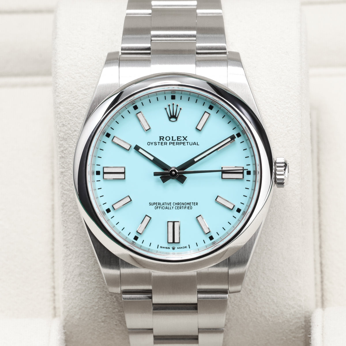 Rolex Oyster Perpetual Complete 41mm Oystersteel Turquoise Blue Dial Oystersteel Bezel Oyster Bracelet with Oysterclasp and Easylink Extension 124300